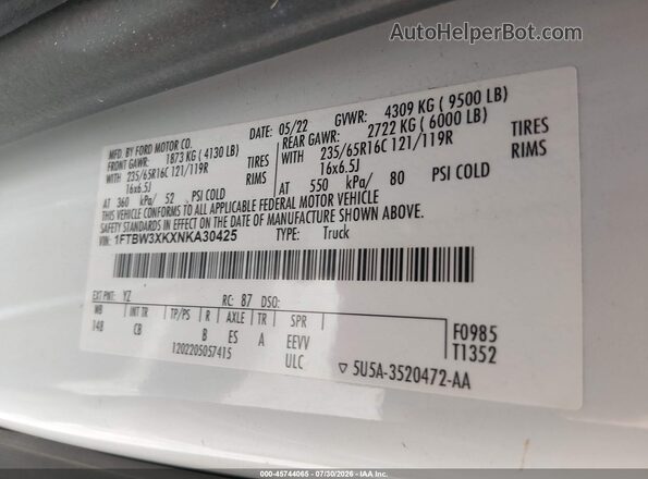 1FTBW3XKXNKA30425 2022 FORD E-TRANSIT-350 CARGO VAN Белый Вид подкапотного пространства
