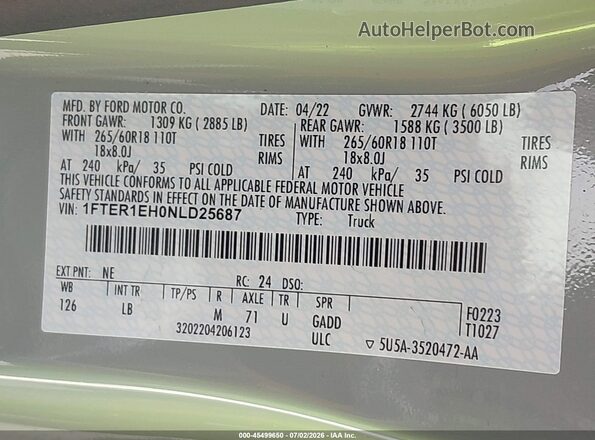 1FTER1EH0NLD25687 2022 FORD RANGER Gray Vista del compartimento del motor