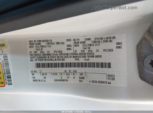 1FTER1EH3KLA16128 2019 FORD RANGER White ძრავის განყოფილების ხედი