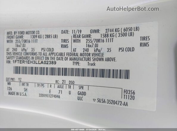 1FTER1EH3LLA02389 2020 FORD RANGER White Շարժիչի բաժամունքի տեսք