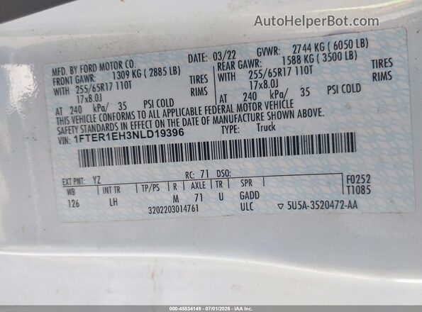 1FTER1EH3NLD19396 2022 FORD RANGER White Շարժիչի բաժամունքի տեսք