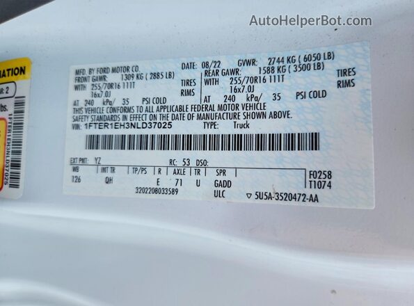 1FTER1EH3NLD37025 2022 FORD RANGER White VIN sticker view