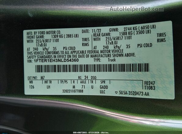 1FTER1EH3NLD54360 2022 FORD RANGER Gray Vista del compartimento del motor