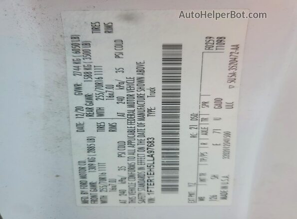 1FTER1EH5LLA97683 2020 FORD RANGER White ძრავის განყოფილების ხედი