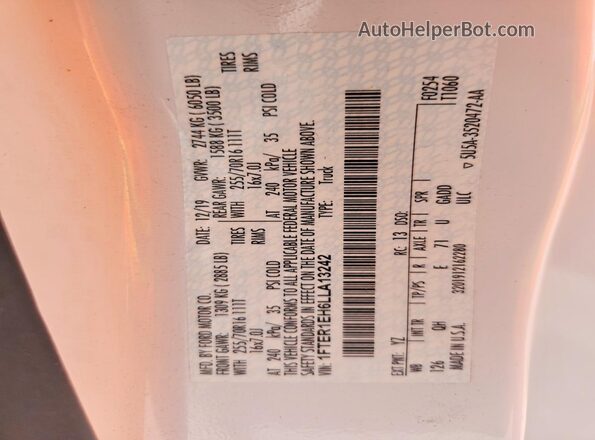 1FTER1EH6LLA13242 2020 FORD RANGER White Vista de la etiqueta del VIN