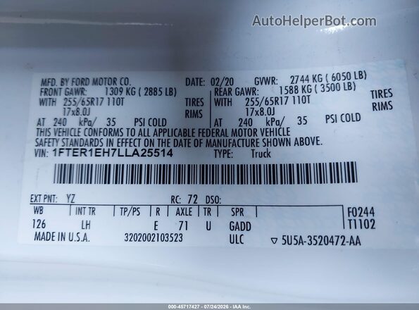 1FTER1EH7LLA25514 2020 FORD RANGER White Engine compartment view