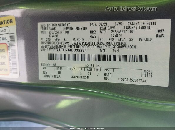 1FTER1EH7MLD32294 2021 FORD RANGER Gray Engine compartment view
