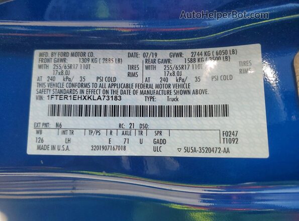 1FTER1EHXKLA73183 2019 FORD RANGER Blue ძრავის განყოფილების ხედი