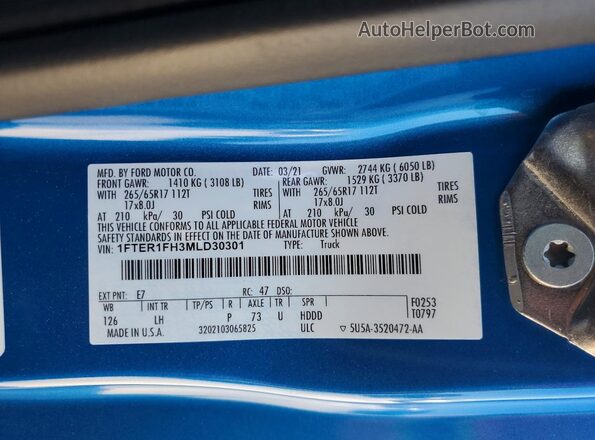 1FTER1FH3MLD30301 2021 FORD RANGER Blue Շարժիչի բաժամունքի տեսք