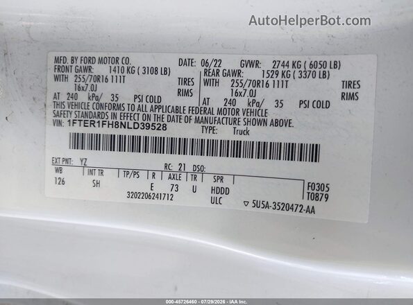 1FTER1FH8NLD39528 2022 FORD RANGER White ძრავის განყოფილების ხედი
