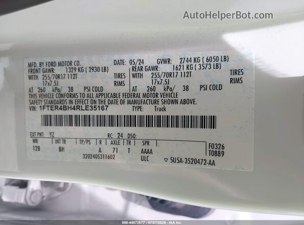 1FTER4BH4RLE35167 2024 FORD RANGER White ძრავის განყოფილების ხედი