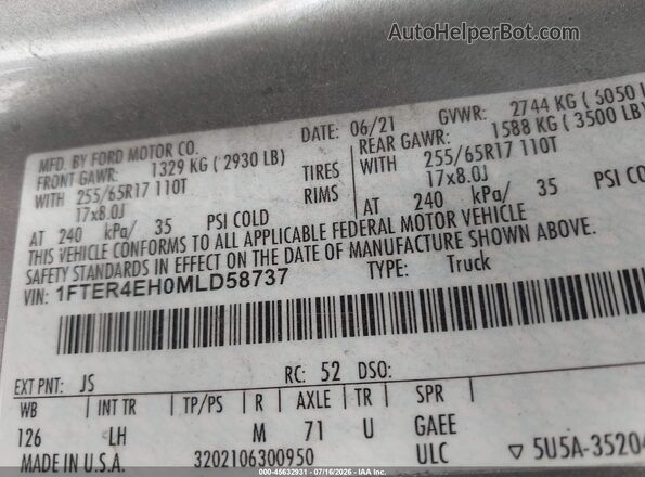 1FTER4EH0MLD58737 2021 FORD RANGER Серый Вид подкапотного пространства