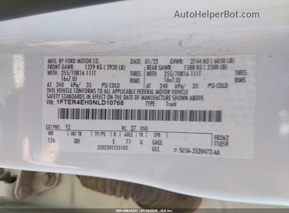 1FTER4EH0NLD10768 2022 FORD RANGER White Vista del compartimento del motor