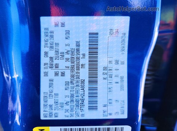 1FTER4EH2LLA93382 2020 FORD RANGER Blue Vista de la etiqueta del VIN