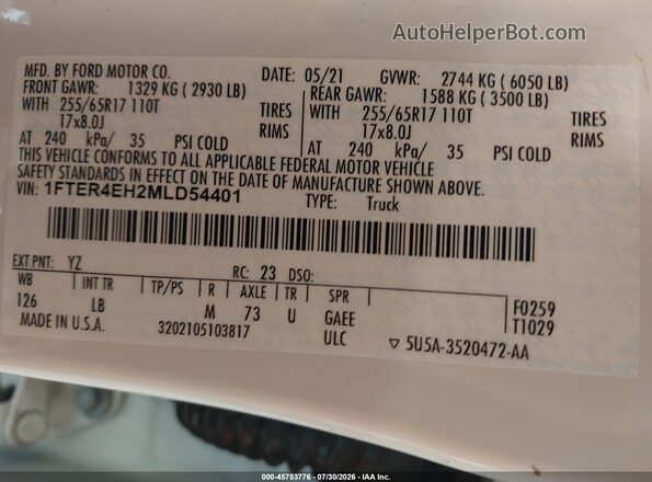 1FTER4EH2MLD54401 2021 FORD RANGER White Շարժիչի բաժամունքի տեսք