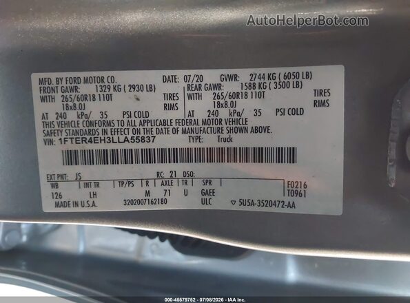 1FTER4EH3LLA55837 2020 FORD RANGER Серебряный Вид подкапотного пространства