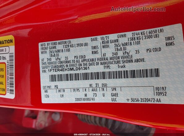 1FTER4EH3MLD91361 2021 FORD RANGER Red Շարժիչի բաժամունքի տեսք