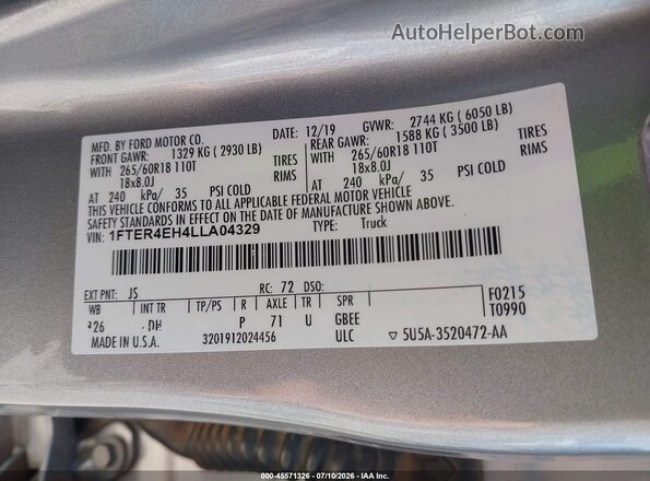 1FTER4EH4LLA04329 2020 FORD RANGER Серебряный Вид подкапотного пространства