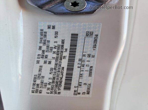 1FTER4EH4LLA51344 2020 FORD RANGER White Vista de la etiqueta del VIN