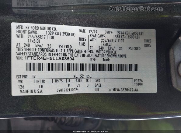 1FTER4EH5LLA08504 2020 FORD RANGER Gray Շարժիչի բաժամունքի տեսք