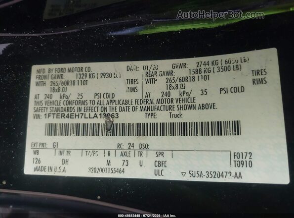 1FTER4EH7LLA13963 2020 FORD RANGER Black ძრავის განყოფილების ხედი