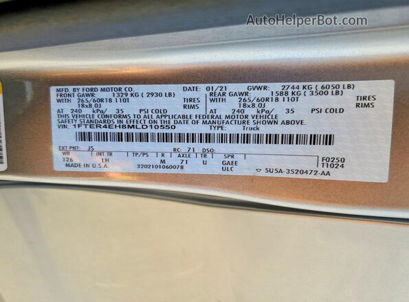1FTER4EH8MLD10550 2021 FORD RANGER Silver VIN კოდის სტიკერის ხედი
