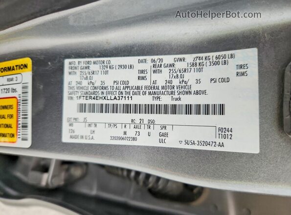 1FTER4EHXLLA37111 2020 FORD RANGER Silver Vista del compartimento del motor