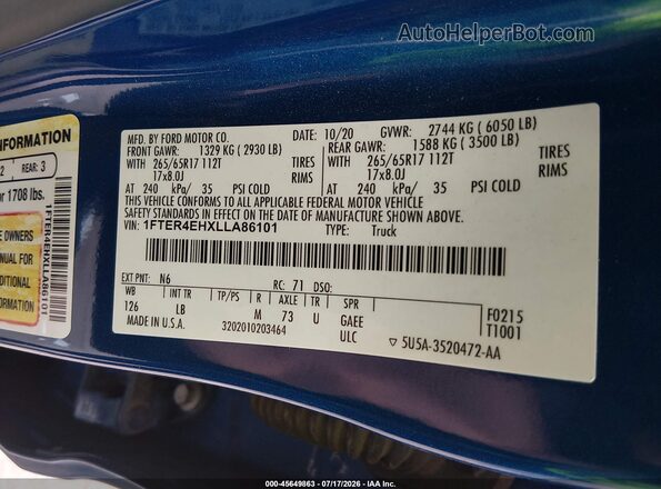 1FTER4EHXLLA86101 2020 FORD RANGER Blue Շարժիչի բաժամունքի տեսք