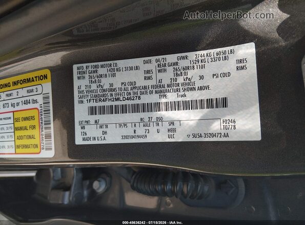 1FTER4FH2MLD46278 2021 FORD RANGER Pewter ძრავის განყოფილების ხედი