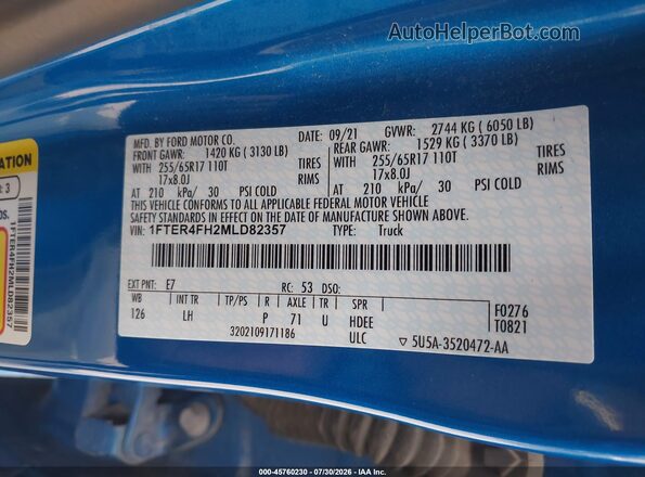 1FTER4FH2MLD82357 2021 FORD RANGER Синий Вид подкапотного пространства