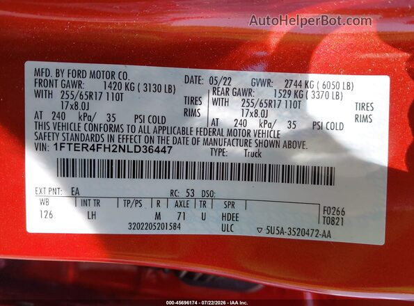 1FTER4FH2NLD36447 2022 FORD RANGER Orange Вид підкапотного простору