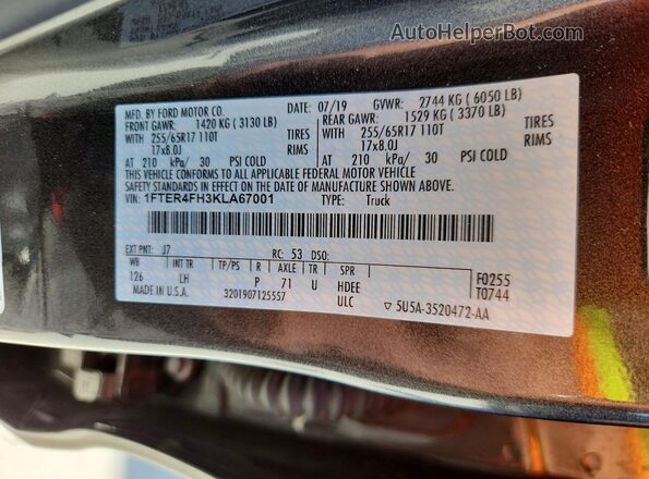 1FTER4FH3KLA67001 2019 FORD RANGER Silver Vista de la etiqueta del VIN