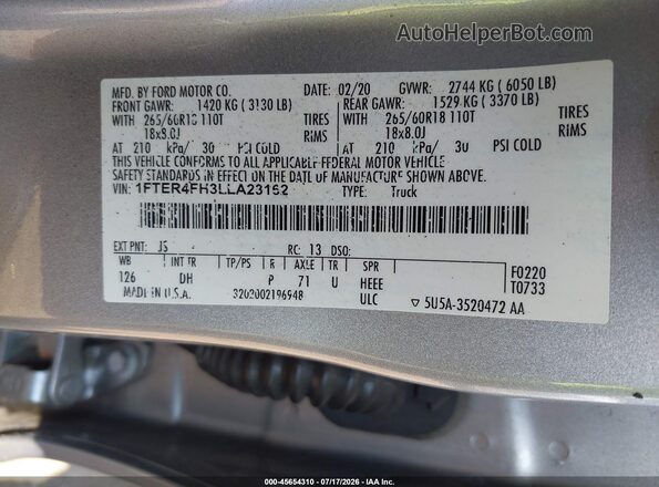 1FTER4FH3LLA23162 2020 FORD RANGER Серебряный Вид подкапотного пространства