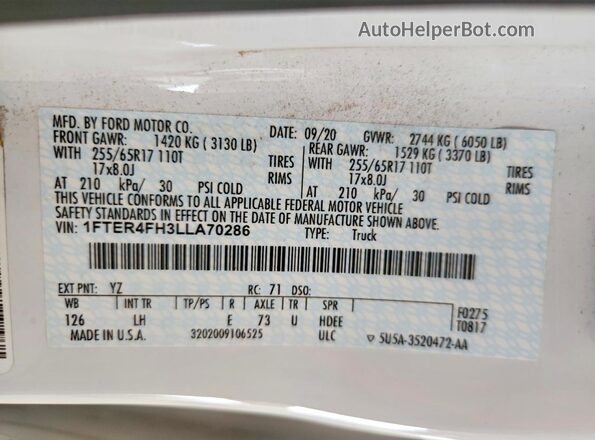1FTER4FH3LLA70286 2020 FORD RANGER Белый Вид подкапотного пространства