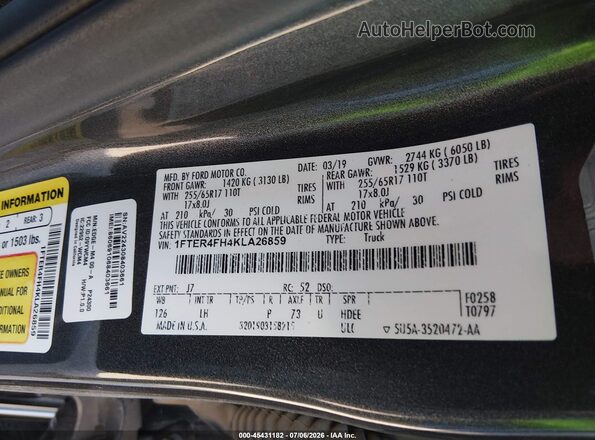1FTER4FH4KLA26859 2019 FORD RANGER Gray Engine compartment view