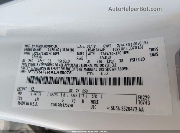 1FTER4FH4KLA68075 2019 FORD RANGER Белый Вид подкапотного пространства