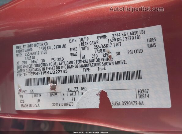 1FTER4FH5KLB22743 2019 FORD RANGER Orange Widok komory silnika