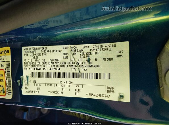 1FTER4FH5LLA87834 2020 FORD RANGER Blue Widok komory silnika