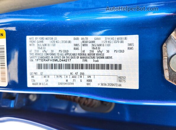 1FTER4FH5MLD44217 2021 FORD RANGER Blue VIN კოდის სტიკერის ხედი