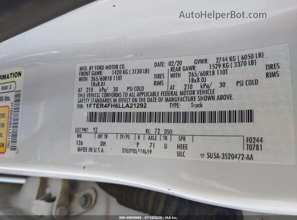 1FTER4FH6LLA21292 2020 FORD RANGER White Շարժիչի բաժամունքի տեսք
