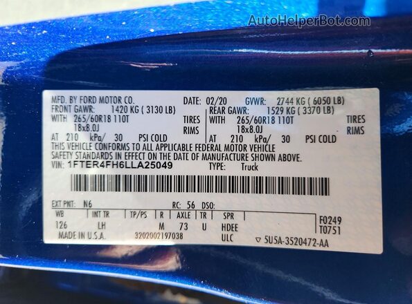 1FTER4FH6LLA25049 2020 FORD RANGER Blue VIN կոդի պիտակի տեսք