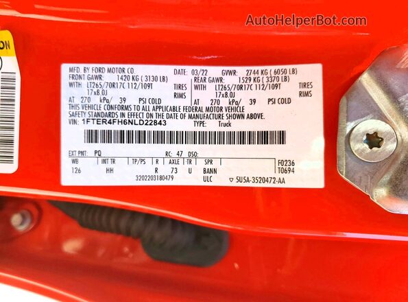 1FTER4FH6NLD22843 2022 FORD RANGER Red VIN կոդի պիտակի տեսք