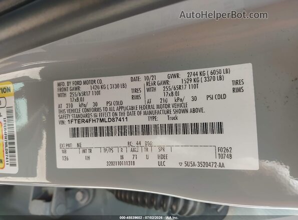 1FTER4FH7MLD87411 2021 FORD RANGER Gray Vista del compartimento del motor