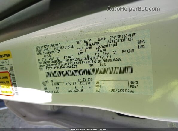 1FTER4FH9MLD60209 2021 FORD RANGER Белый Вид подкапотного пространства