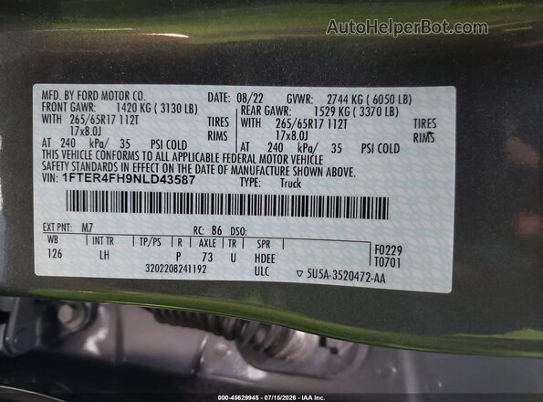1FTER4FH9NLD43587 2022 FORD RANGER Gray Շարժիչի բաժամունքի տեսք