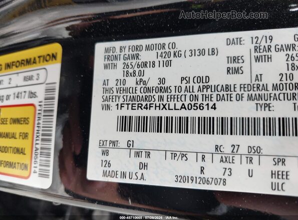 1FTER4FHXLLA05614 2020 FORD RANGER Black Engine compartment view