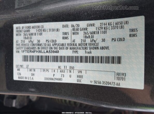 1FTER4FHXLLA53940 2020 FORD RANGER Gray Engine compartment view