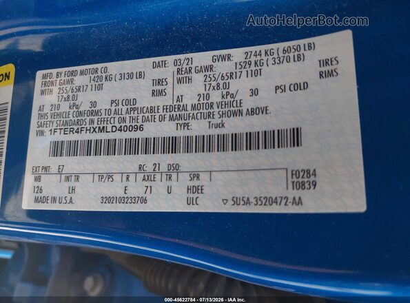 1FTER4FHXMLD40096 2021 FORD RANGER Blue ძრავის განყოფილების ხედი
