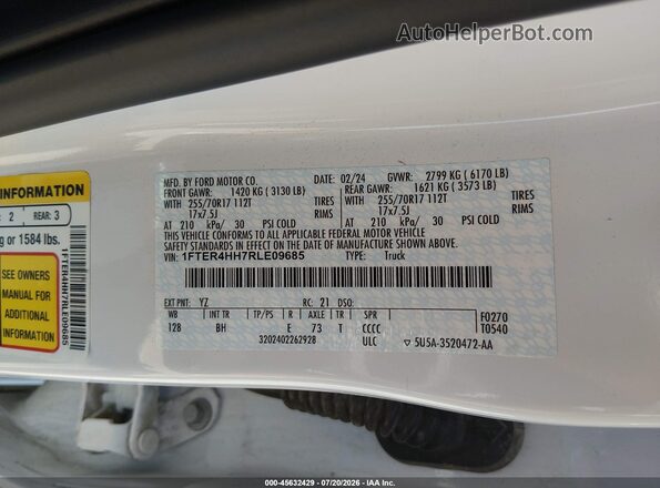 1FTER4HH7RLE09685 2024 FORD RANGER White Vista del compartimento del motor