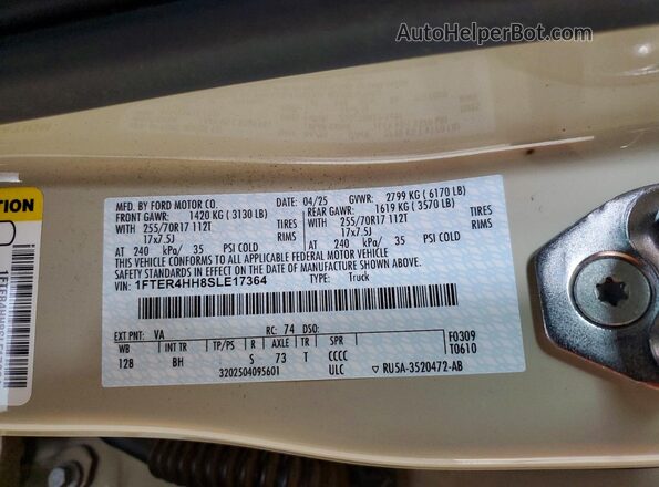 1FTER4HH8SLE17364 2025 FORD RANGER Cream Вид наклейки з VIN-кодом